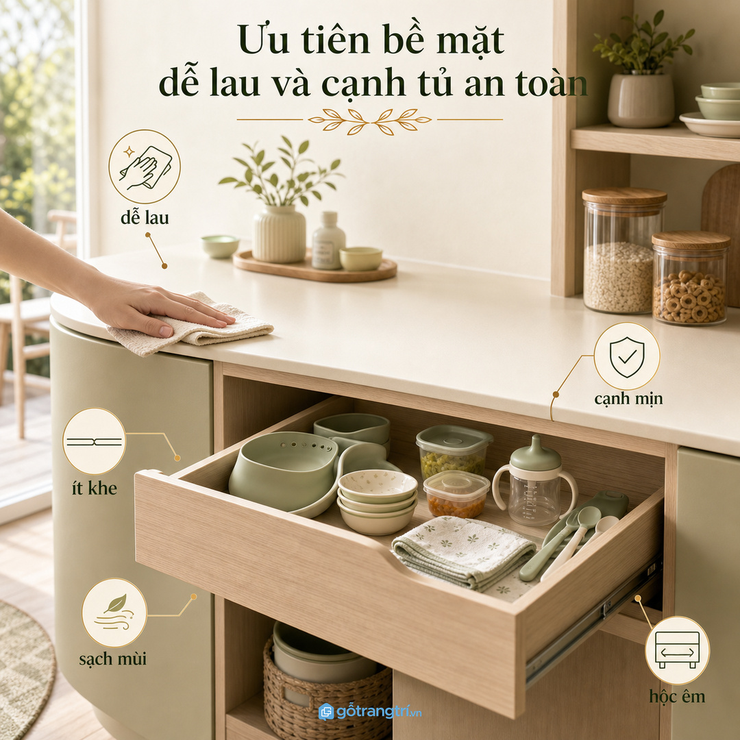 Vật liệu dễ lau và cạnh tủ an toàn giúp khoang ăn dặm sạch hơn