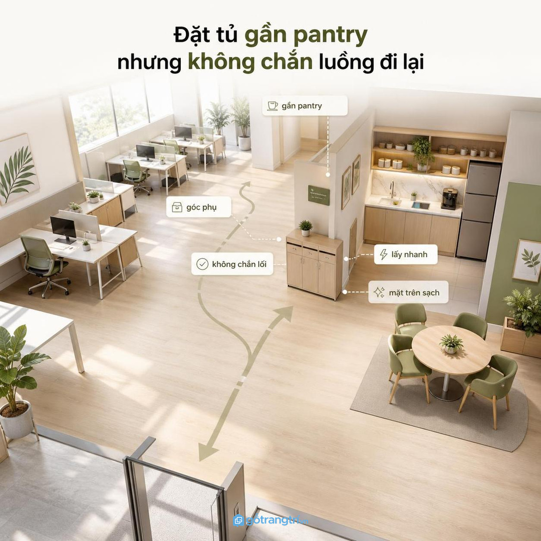 Đặt tủ gần pantry nhưng không chắn luồng đi lại