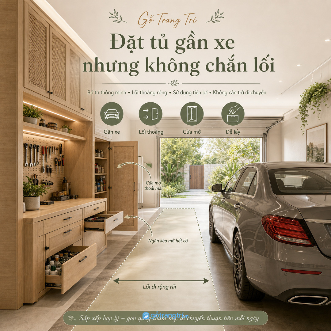 Đặt tủ gần xe nhưng không chắn lối đi và cửa gara