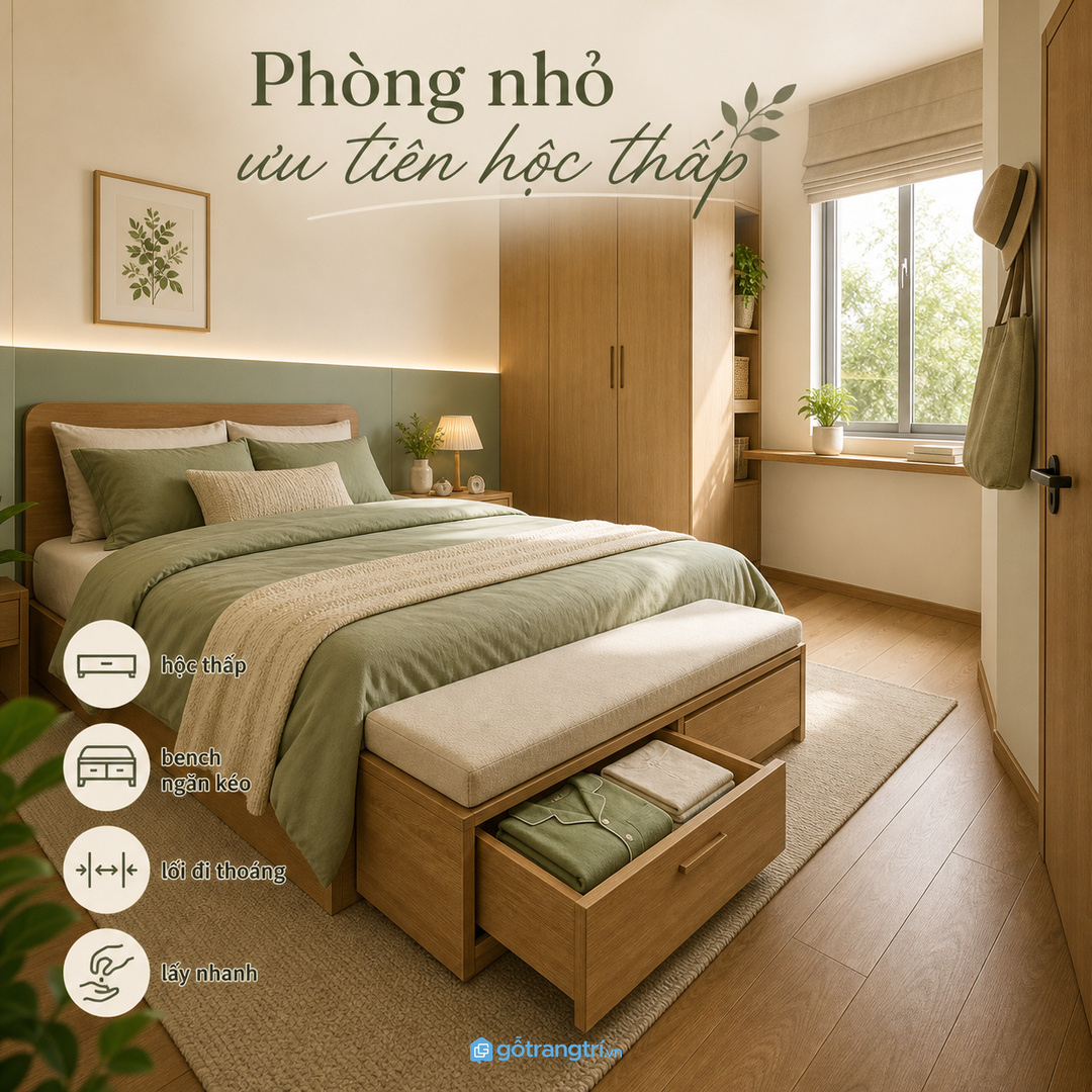 Đặt tủ gần nơi thay đồ nhưng không cản lối đi quanh giường