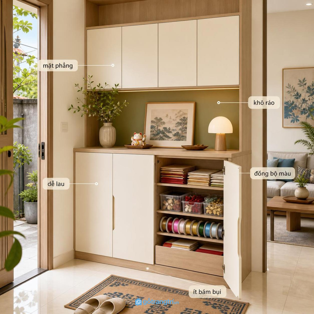 Mặt tủ phẳng, dễ lau và đồng bộ màu giúp tủ đẹp cả khi đóng lại