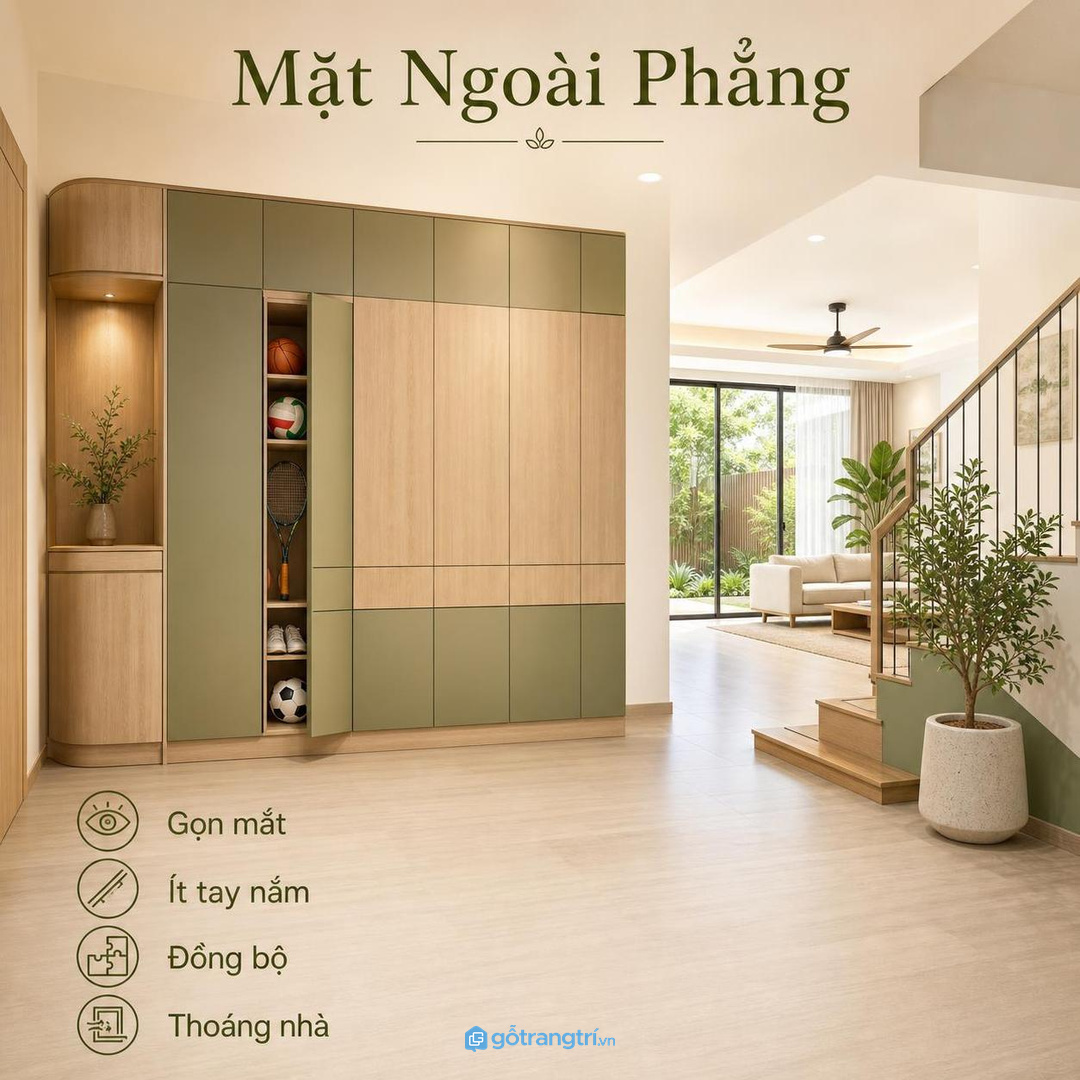 Mặt ngoài tủ nên phẳng gọn để cửa nhà không nặng nề