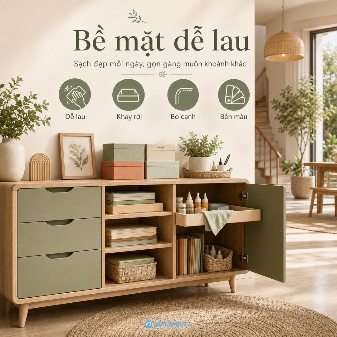 Vật liệu dễ lau, cạnh bo mềm và khóa an toàn giúp tủ dùng yên tâm hơn