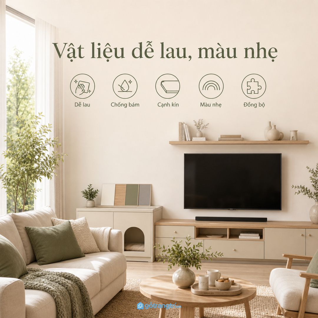 Chọn vật liệu dễ lau và màu nhẹ để phòng khách vẫn sang