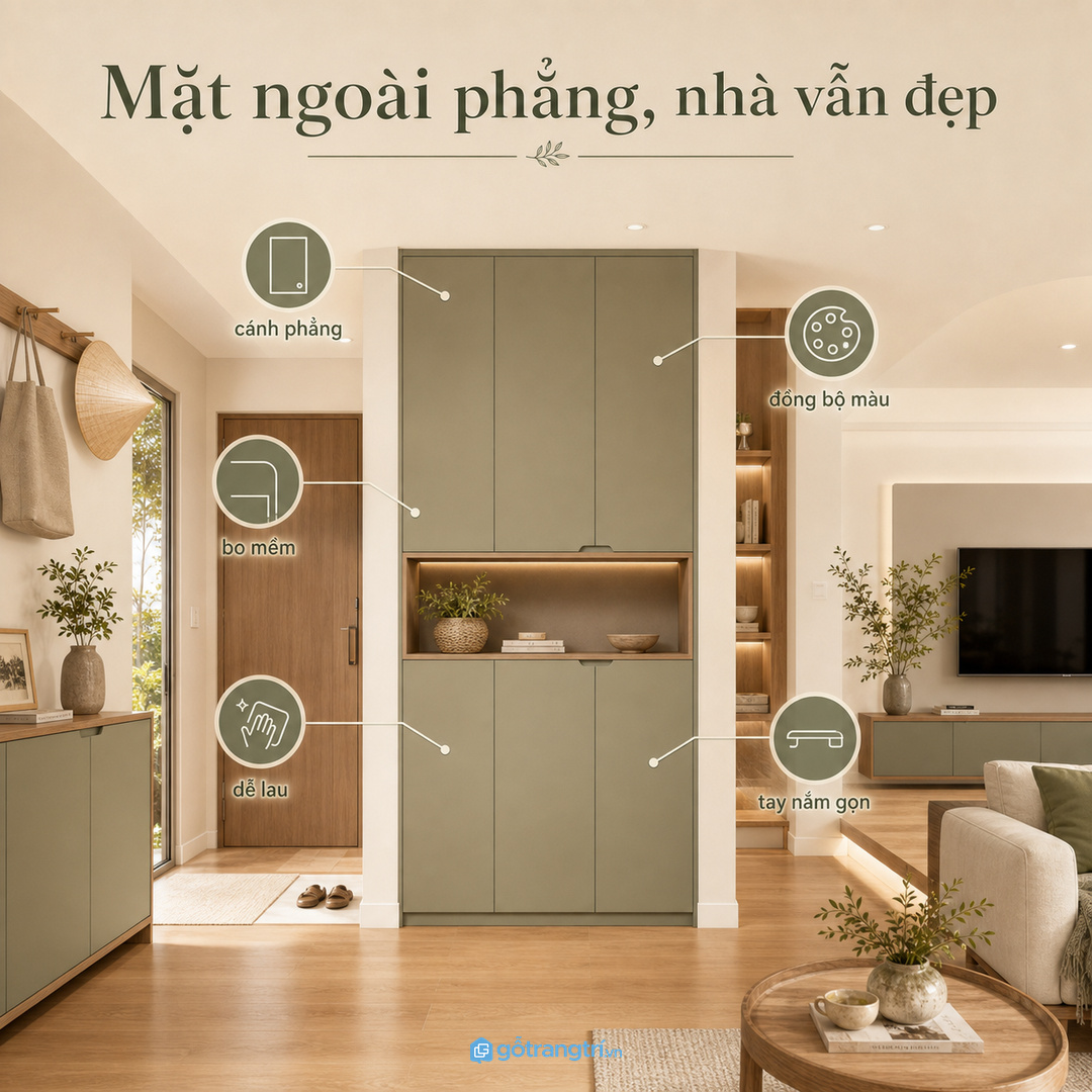 Mặt ngoài phẳng, bo cạnh và đồng bộ màu giúp tủ đẹp cả khi đặt ở phòng khách