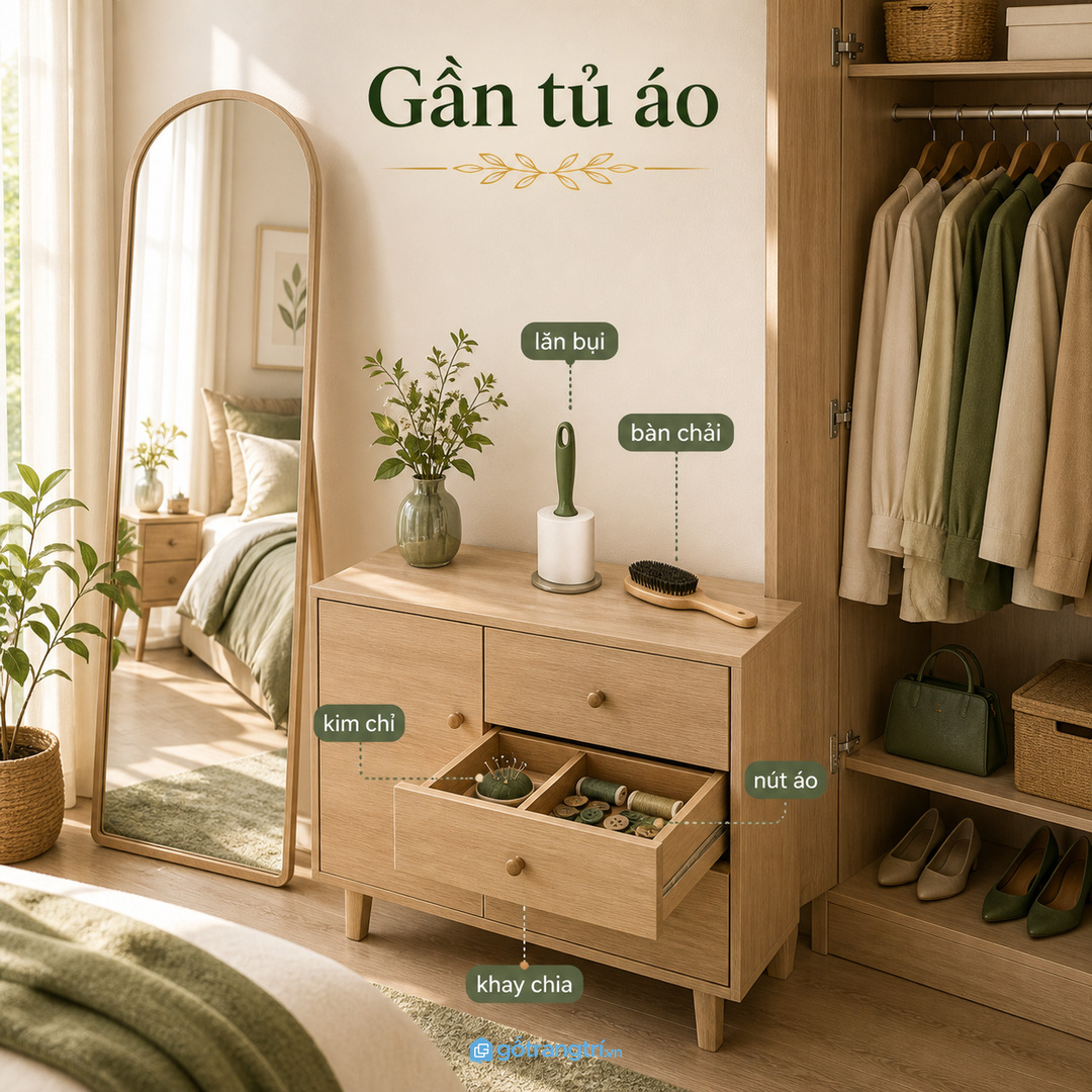 Đặt hộc gần tủ áo hoặc gương để chăm đồ trước khi ra ngoài