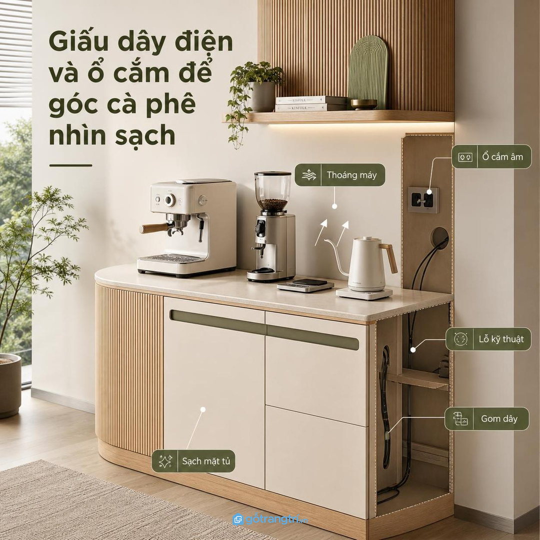 Giấu dây điện và ổ cắm để góc cà phê nhìn sạch