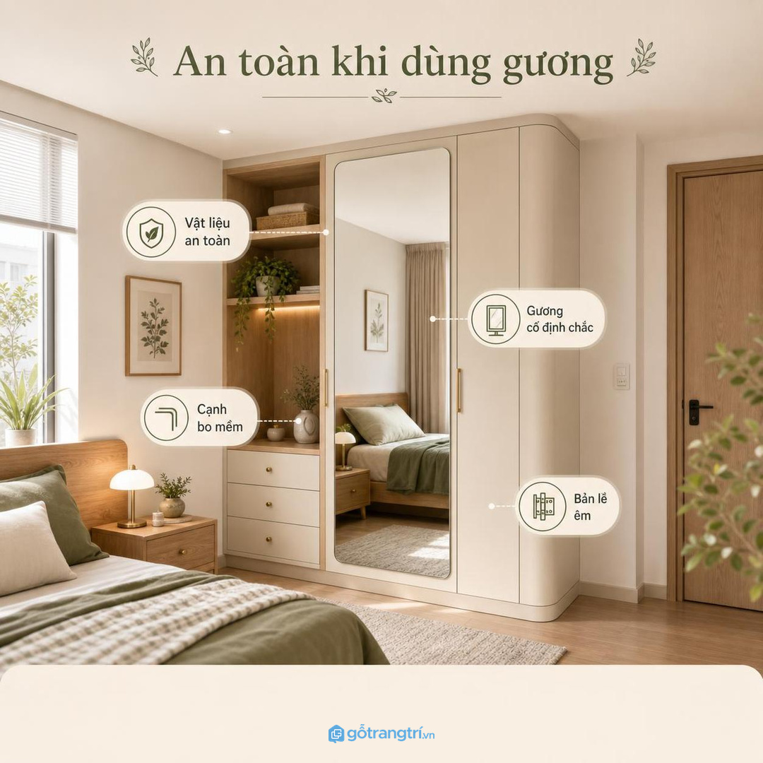 Mặt gương, cạnh tủ và vật liệu cần an toàn, dễ lau, không làm phòng nặng nề