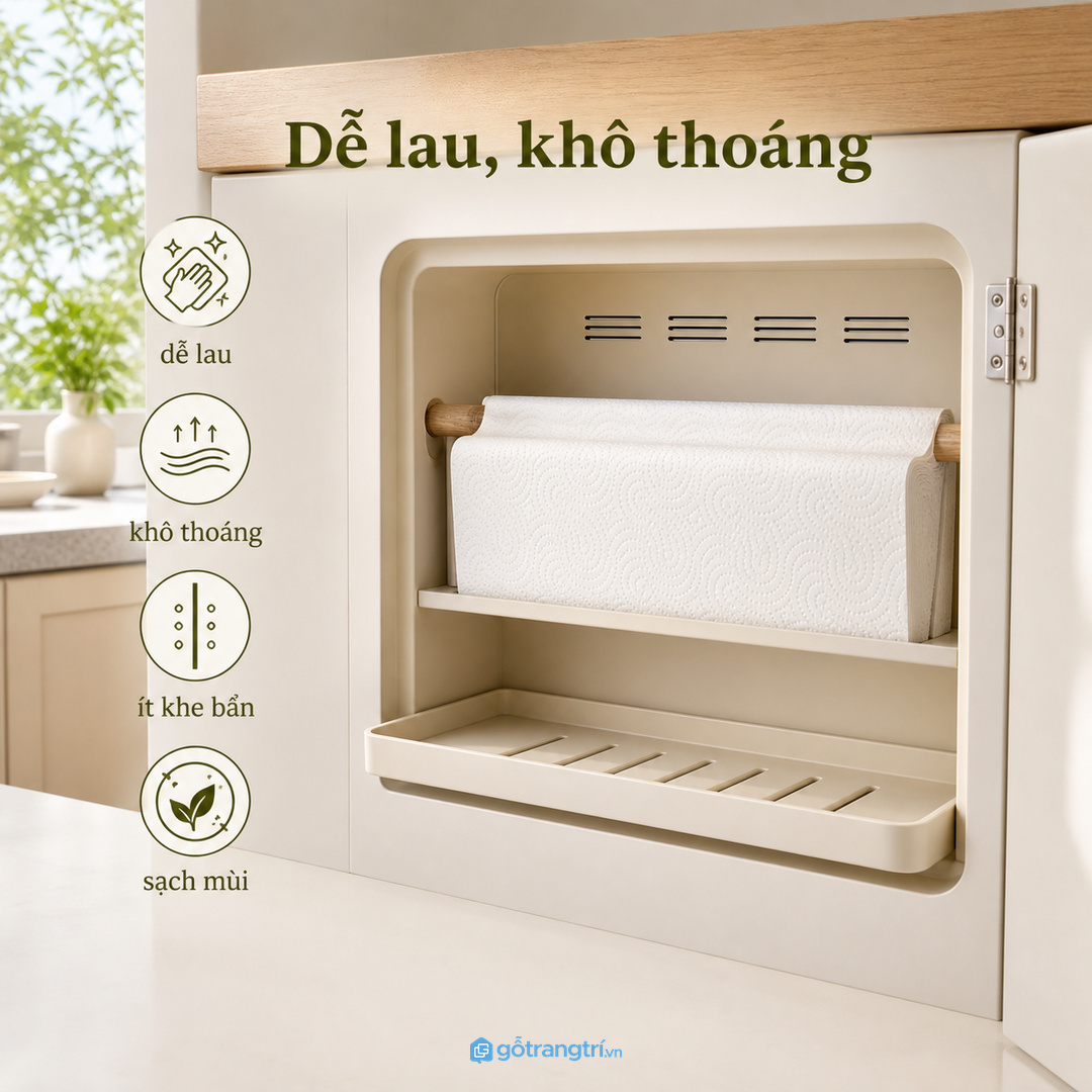 Vật liệu và khe thoáng giúp giấy ít ẩm và khoang tủ dễ lau