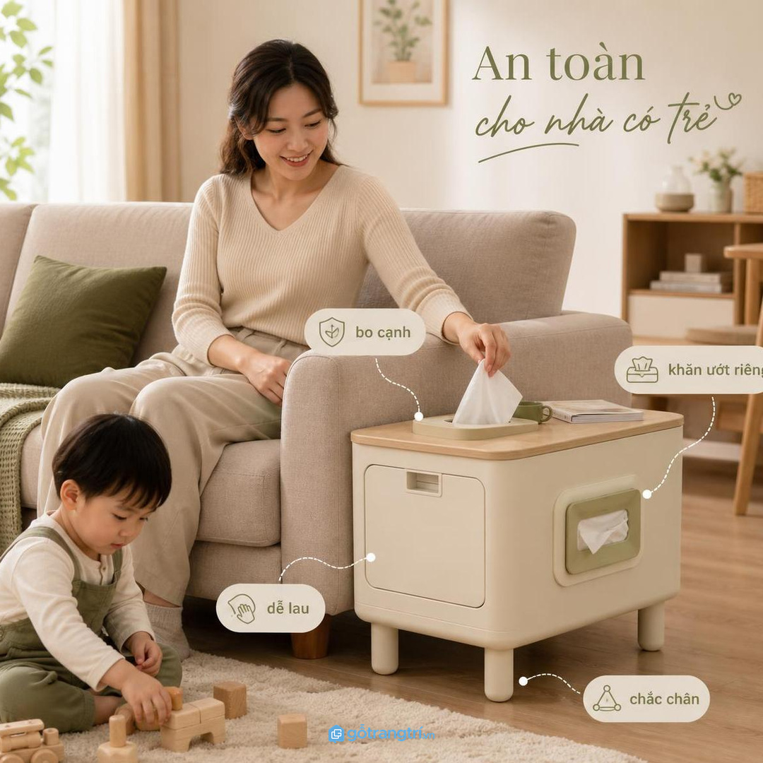 Tủ cạnh sofa giúp tiếp khách gọn mà vẫn lấy khăn rất nhanh