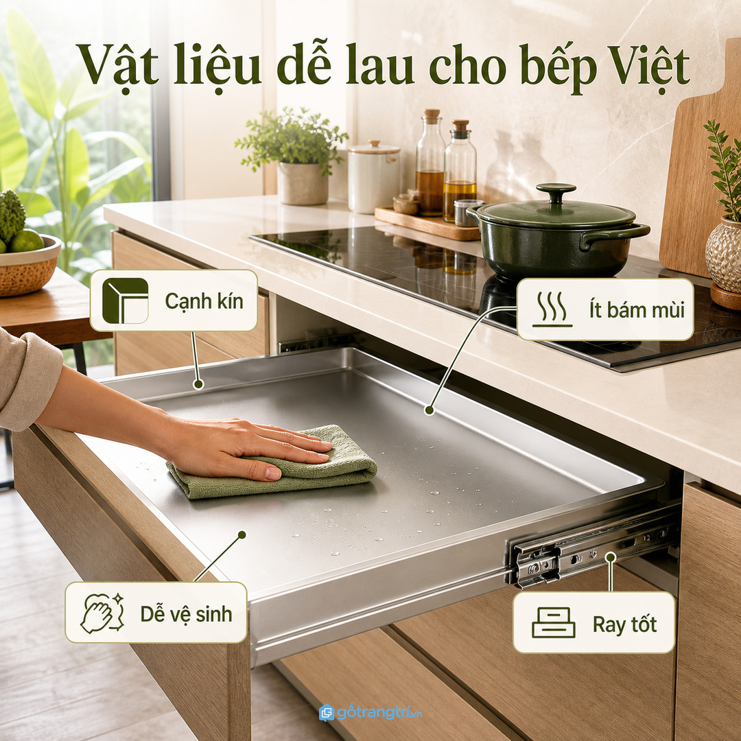 Vật liệu dễ lau giúp khoang dưới bếp ít giữ mùi trong bếp Việt