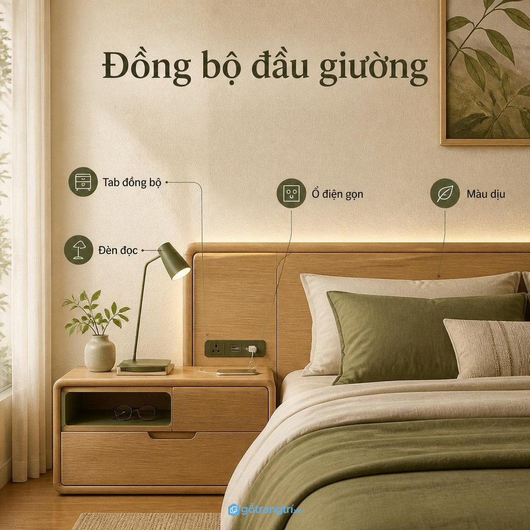 Phối hộc kính với tab, đèn đọc và ổ điện đầu giường