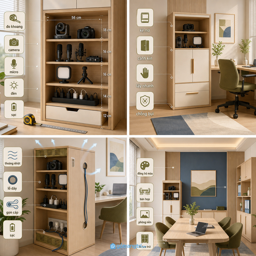 Kết hợp cánh kín và kệ mở để vừa sạch bụi vừa lấy nhanh