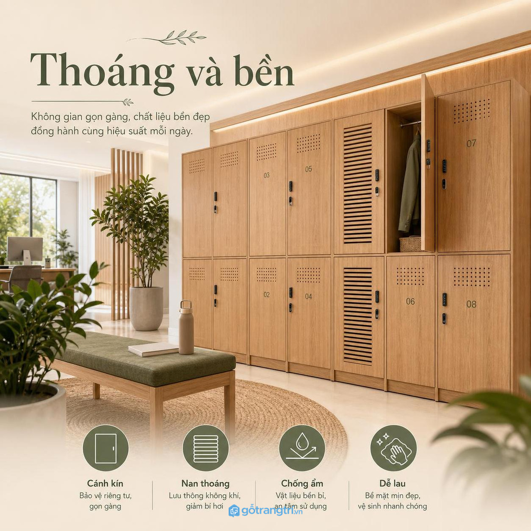 Cánh thoáng, vật liệu dễ lau và chống ẩm giúp tủ bền hơn khi nhiều người dùng