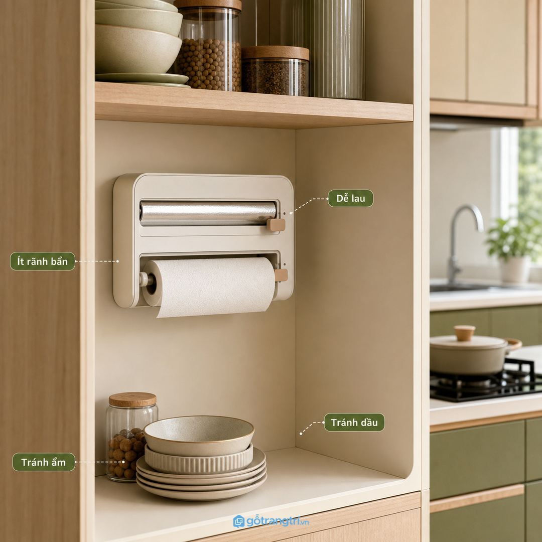 Vật liệu khoang tủ cần dễ lau, hạn chế ẩm và dầu mỡ bám lâu