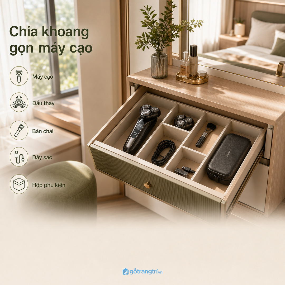 Mặt trong dễ lau và khay kéo êm giúp góc đồ cá nhân sạch hơn