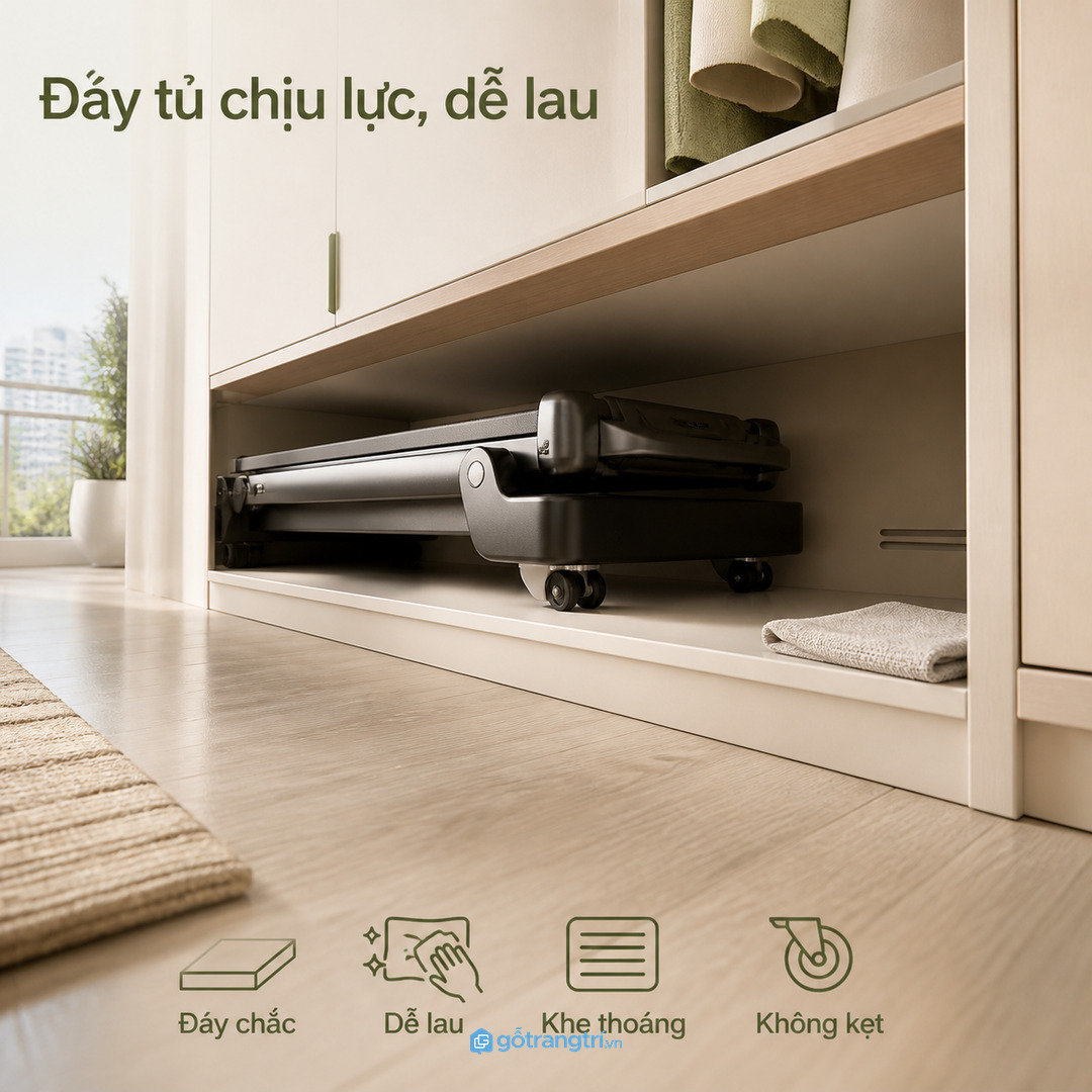 Đáy tủ cần chịu lực, dễ lau bụi và không kẹp bánh xe của máy