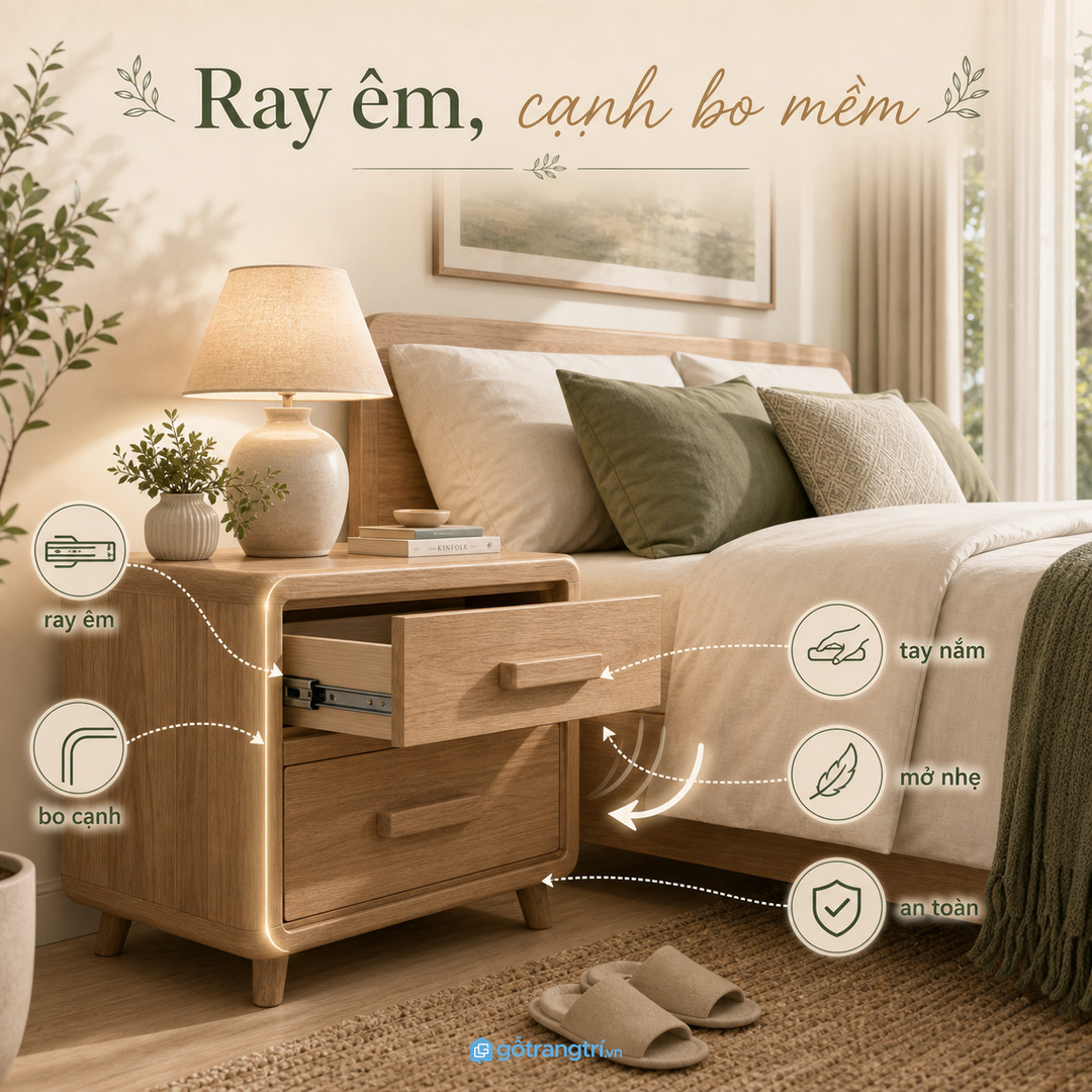 Đặt tủ đúng phía giường để không chắn lối đi và tiện sạc máy