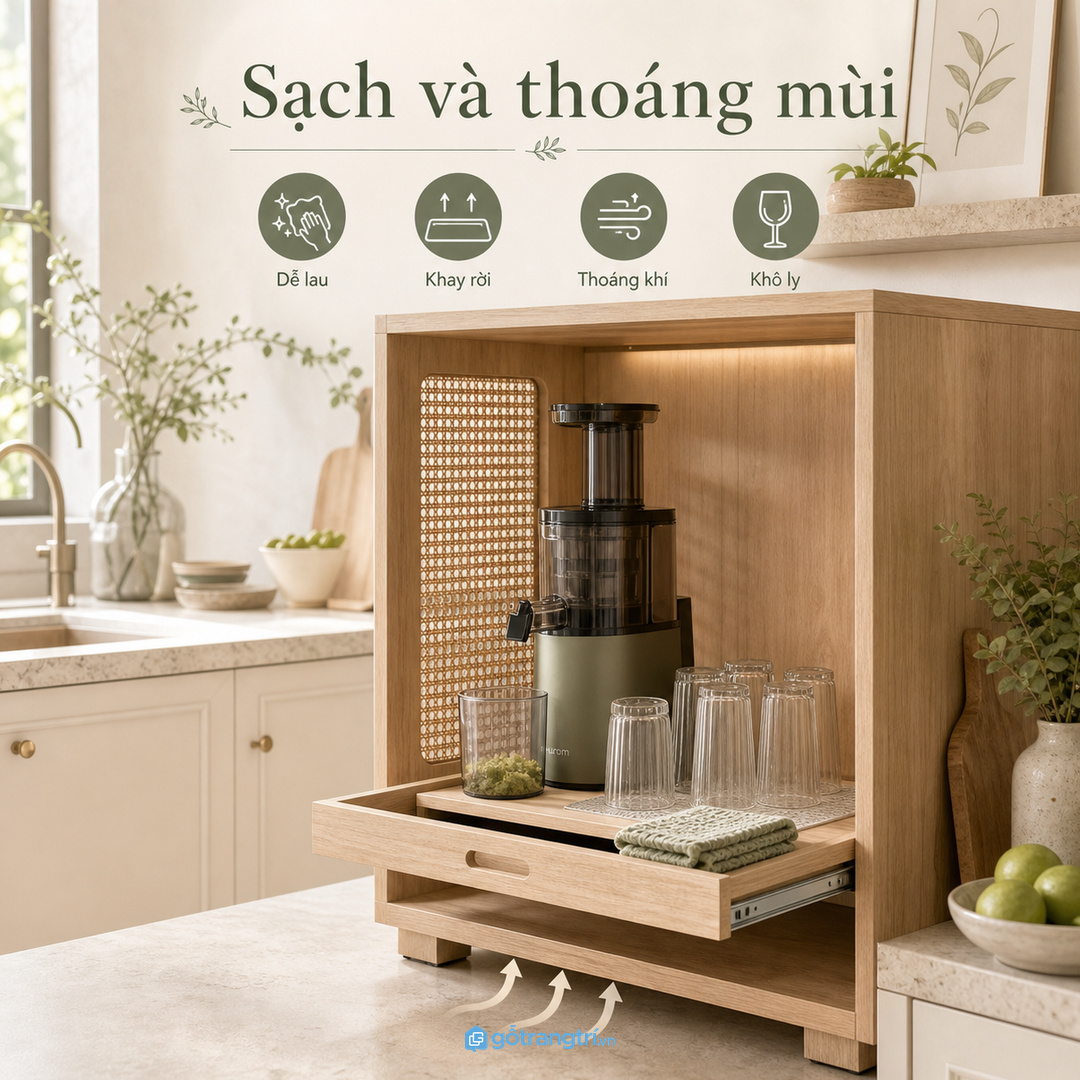 Vật liệu dễ lau, khay rời và khoang thoáng giúp ly phụ kiện khô nhanh