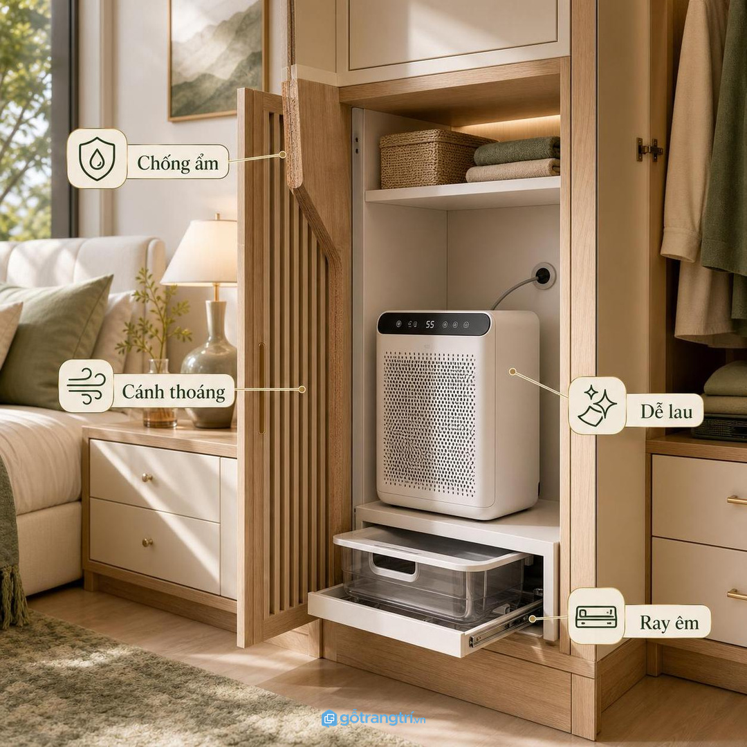 Vật liệu chống ẩm, cánh thoáng và ray êm giúp tủ dùng bền trong phòng ngủ