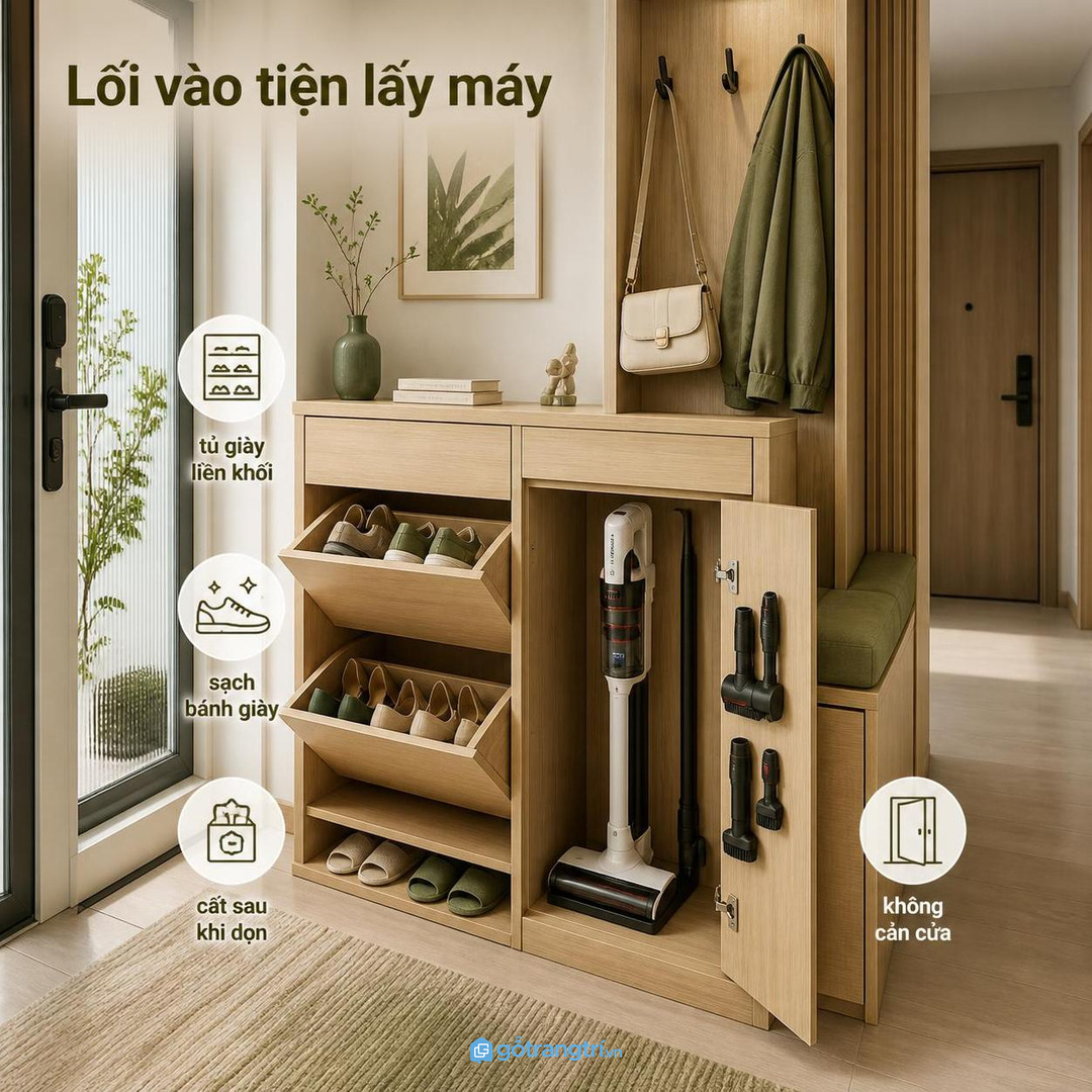 Tủ lối vào liền tủ giày giúp lấy máy nhanh sau mỗi lần dọn