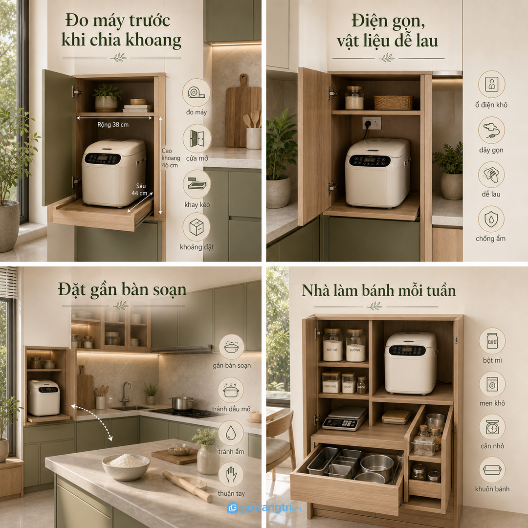 Đặt tủ gần bàn soạn nhưng tránh sát bếp nấu và chậu rửa