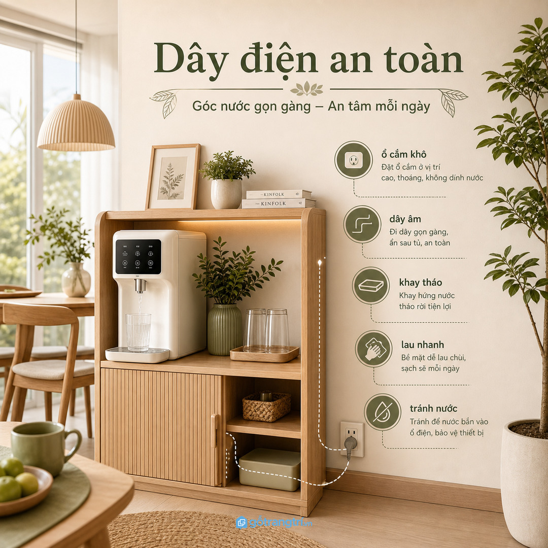 Ổ cắm khô dây đi âm và khay tháo rời giúp góc nước an toàn hơn