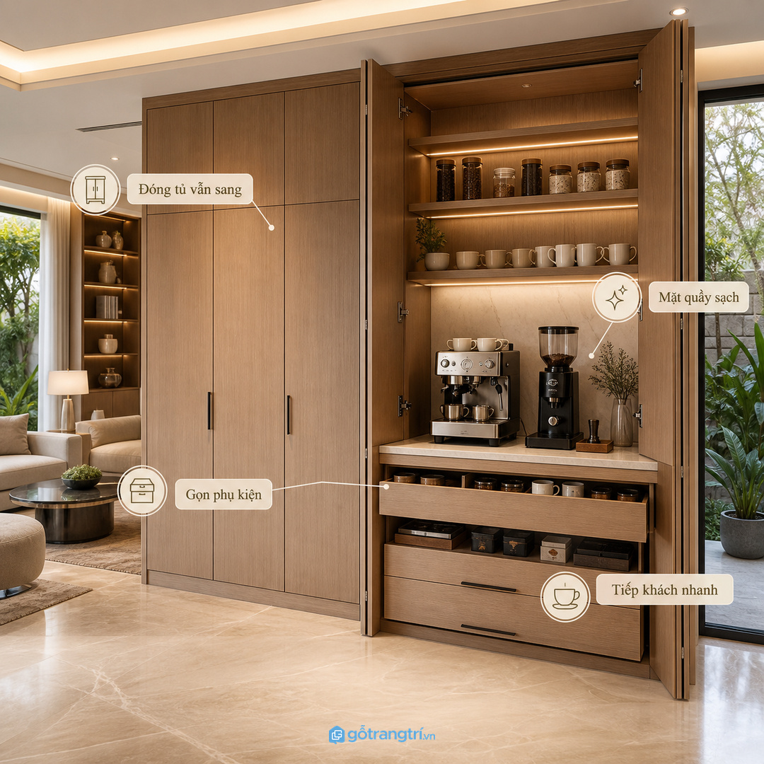 Giấu dây ổ điện và cấp nước giúp pantry cà phê gọn hơn