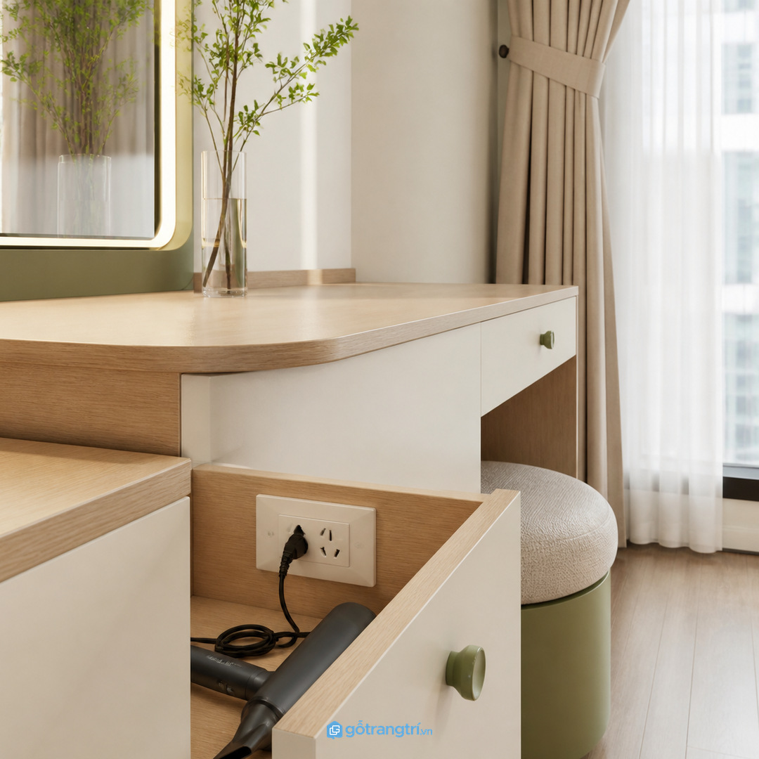 Ổ cắm ẩn và đường dây gọn giúp bàn trang điểm sạch hơn