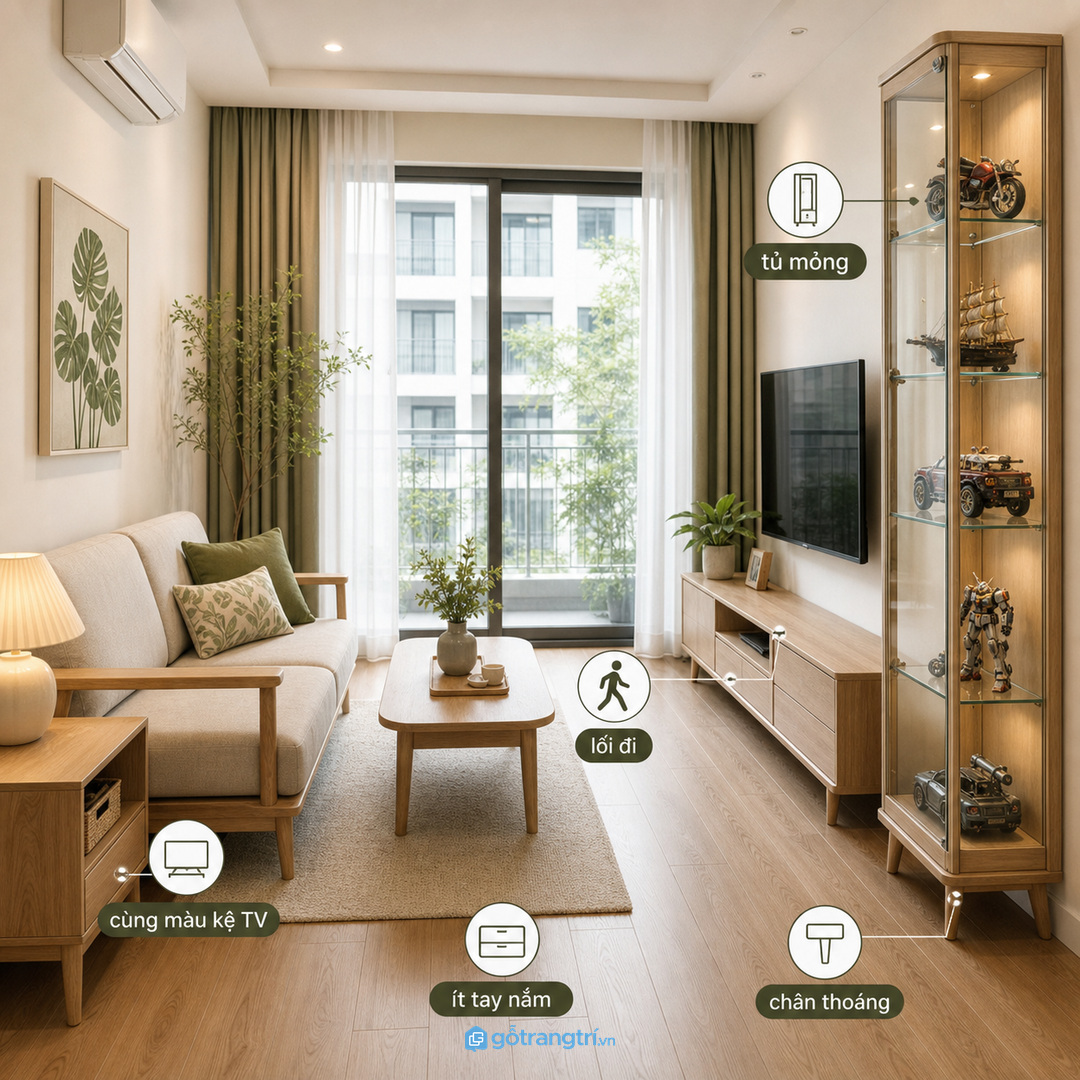 Giữ lối đi và tỉ lệ tủ để phòng khách nhỏ vẫn thoáng