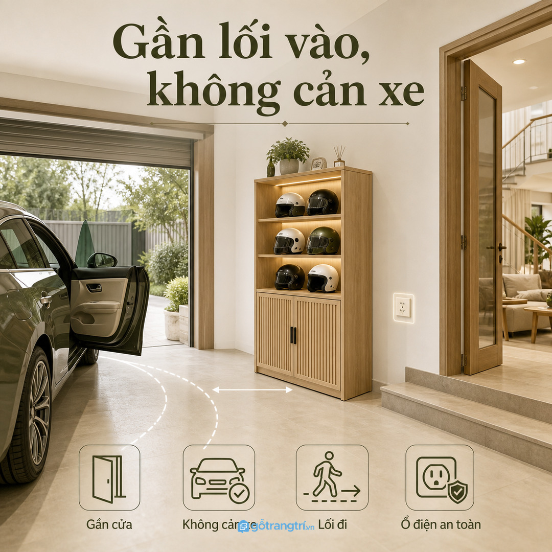Bố trí tủ gần lối từ gara vào nhà để lấy mũ nhanh mà không cản cửa