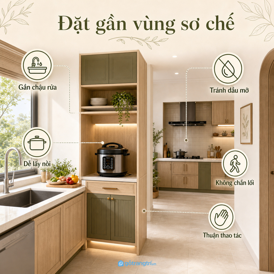 Đặt tủ gần vùng sơ chế nhưng tránh sát bếp nấu nhiều dầu mỡ