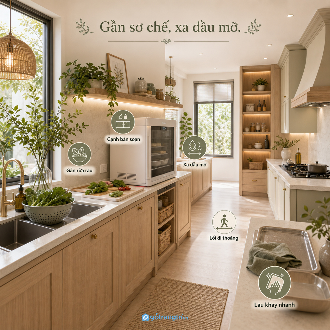 Đặt tủ gần vùng sơ chế nhưng tránh sát bếp nấu nhiều dầu mỡ