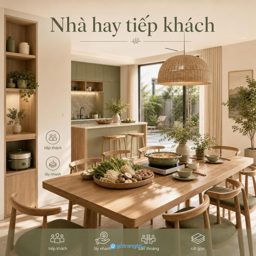 Nhà hay tiếp khách nên bố trí khoang nồi lẩu gần khu bày đồ