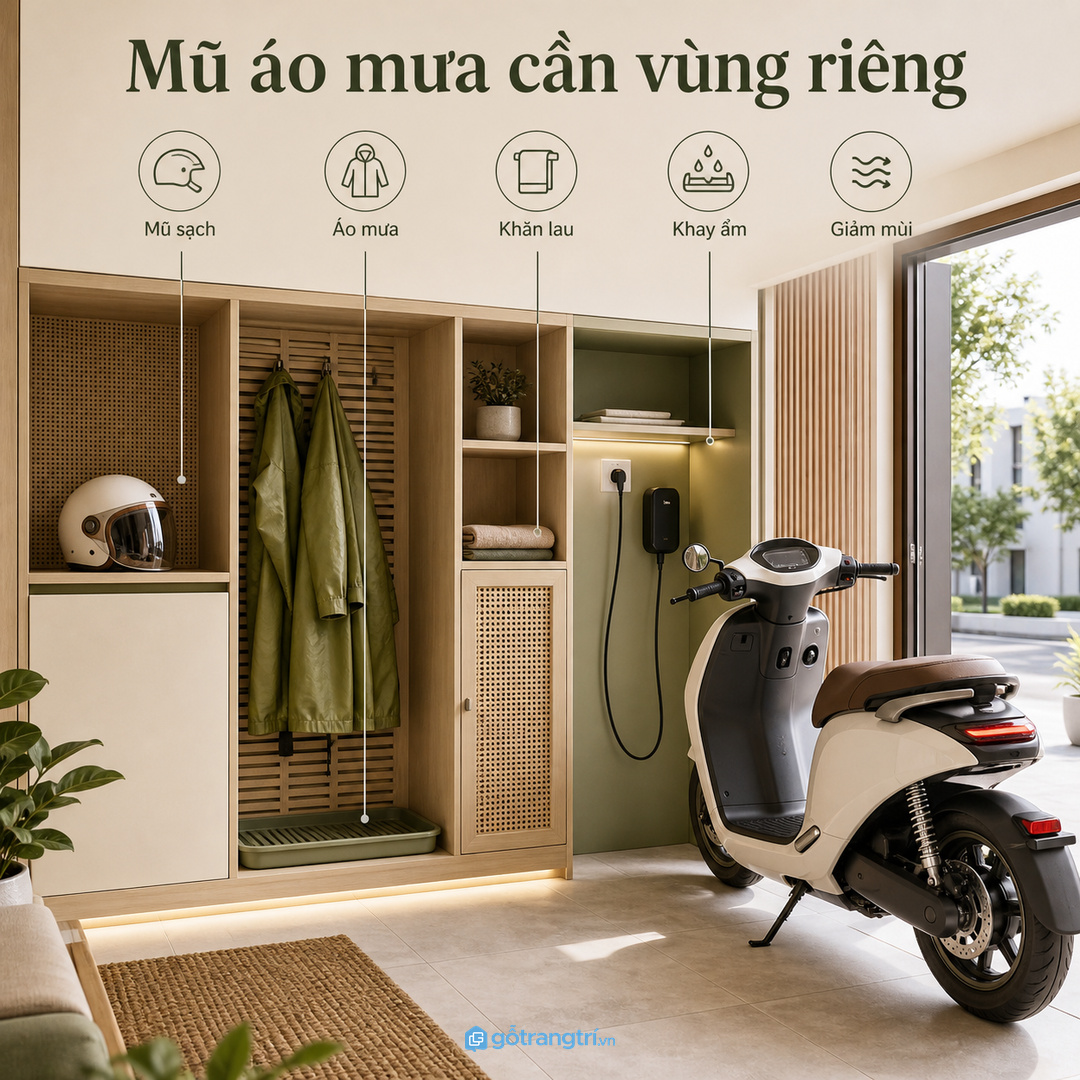 Mũ bảo hiểm, áo mưa và khăn lau nên có vùng riêng để giảm mùi