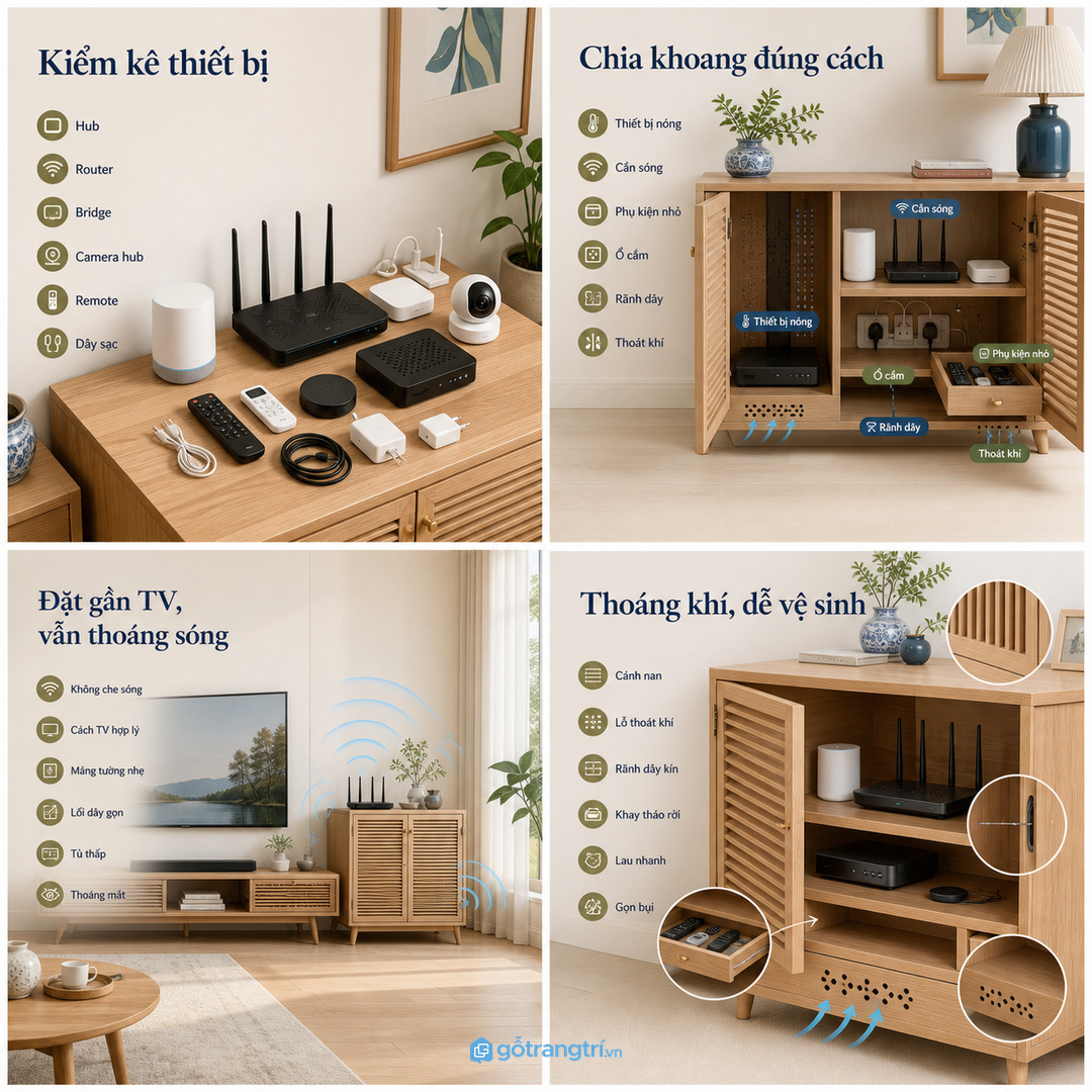 Đặt tủ gần kệ TV nhưng không che sóng wifi hoặc làm nặng mảng tường