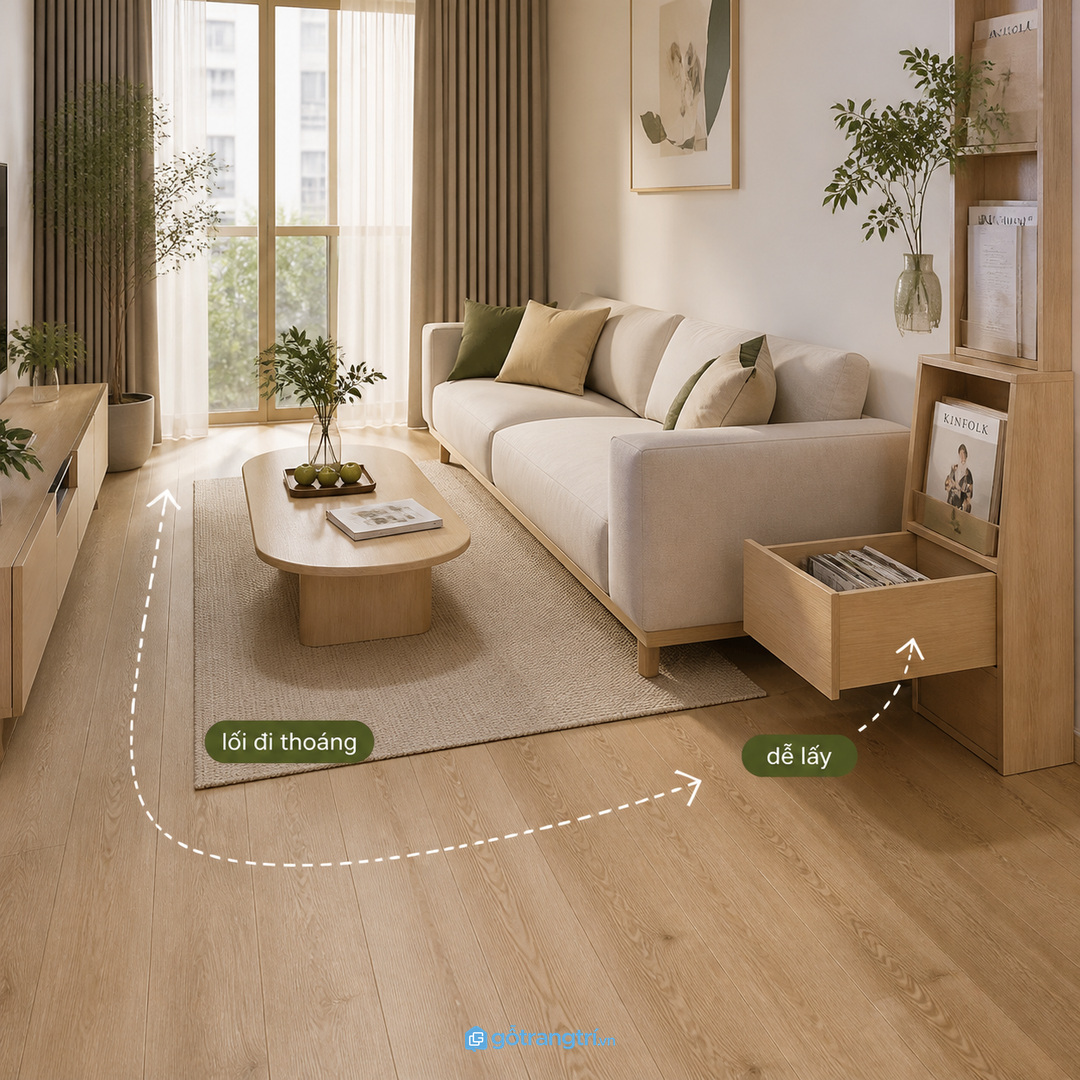 Giữ lối đi quanh sofa bàn trà để tủ không gây vướng