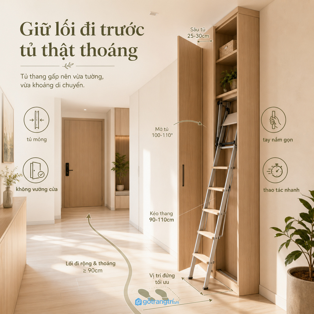 Giữ lối đi trước tủ thật thoáng để thao tác lấy thang không vướng cửa