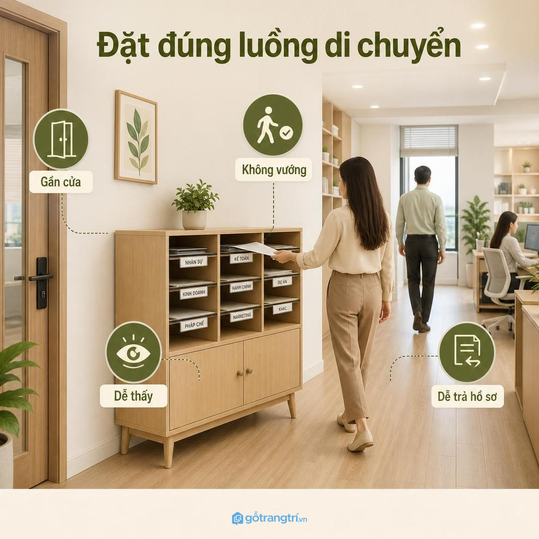 Đặt tủ thư sát luồng di chuyển để mọi người dễ trả hồ sơ về đúng ô