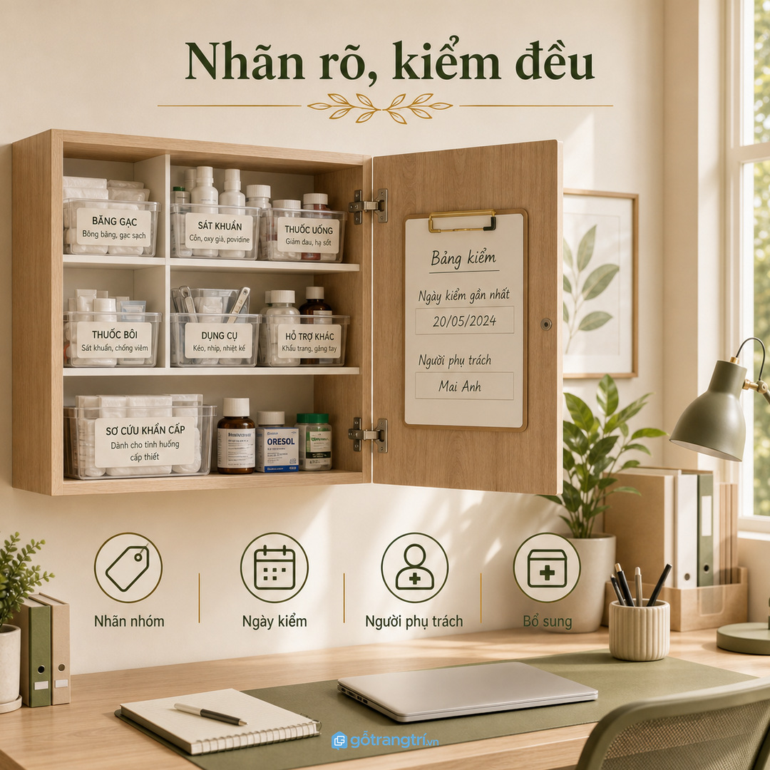 Nhãn rõ và lịch kiểm giúp tủ thuốc văn phòng không bị bỏ quên