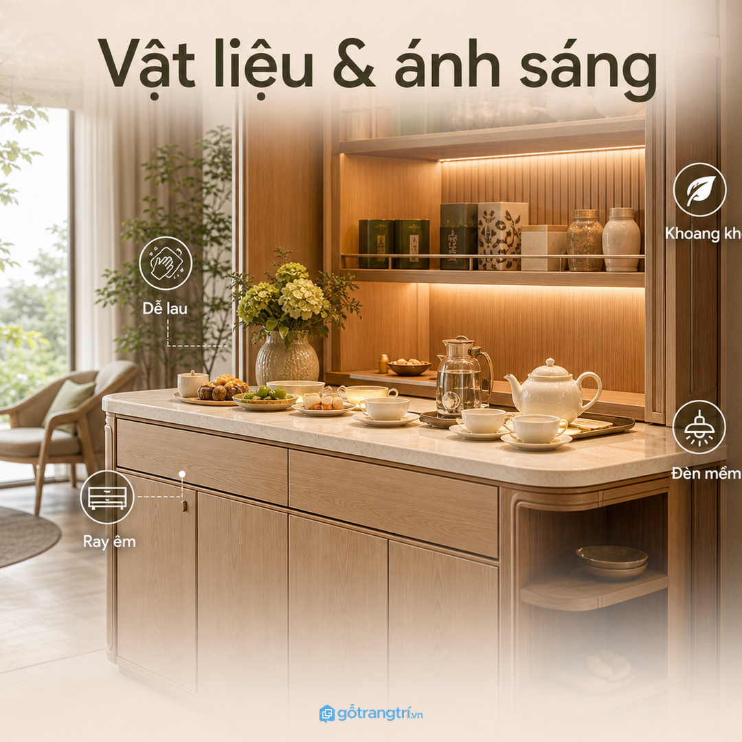 Chọn vật liệu, mặt tủ và ánh sáng để dùng bền lâu
