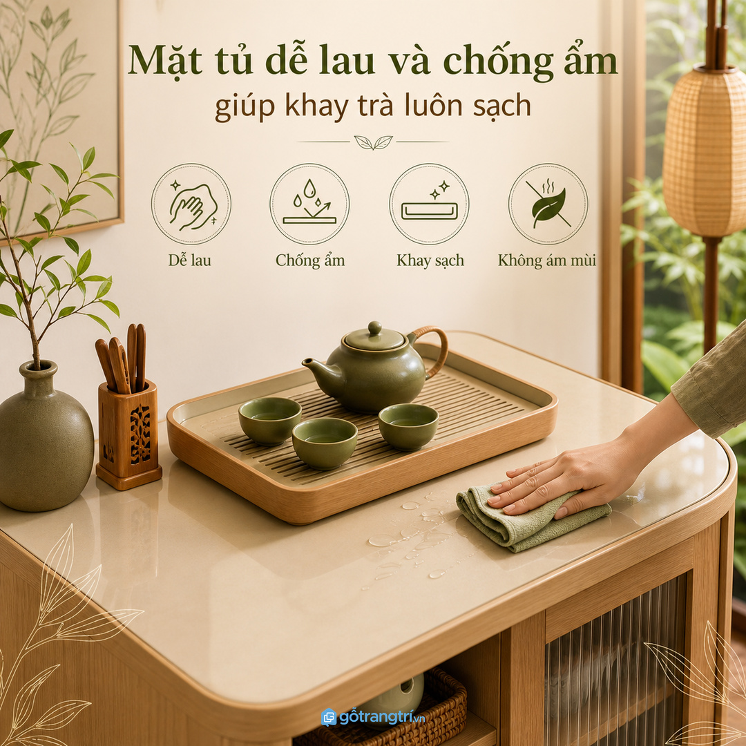 Mặt tủ dễ lau và chống ẩm giúp khay trà luôn sạch