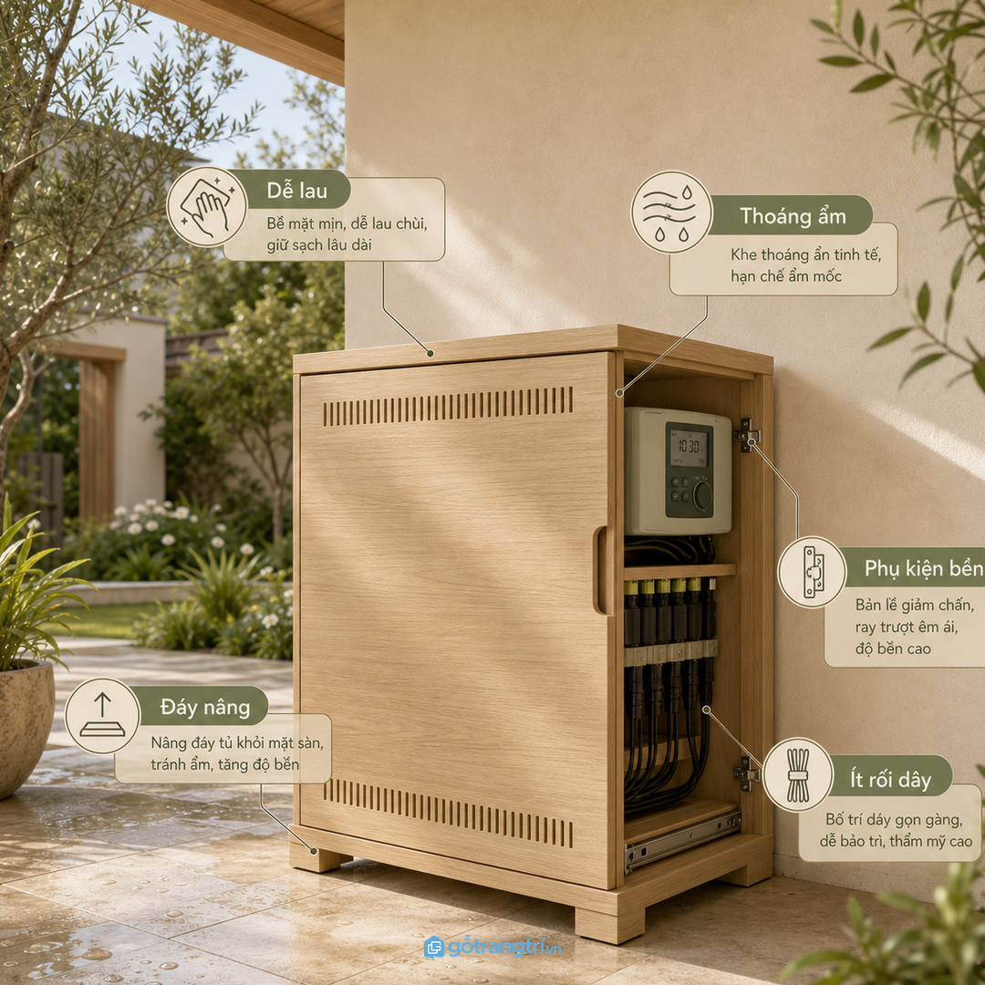 Vật liệu dễ lau và phụ kiện bền giúp tủ dùng ổn định gần sân vườn