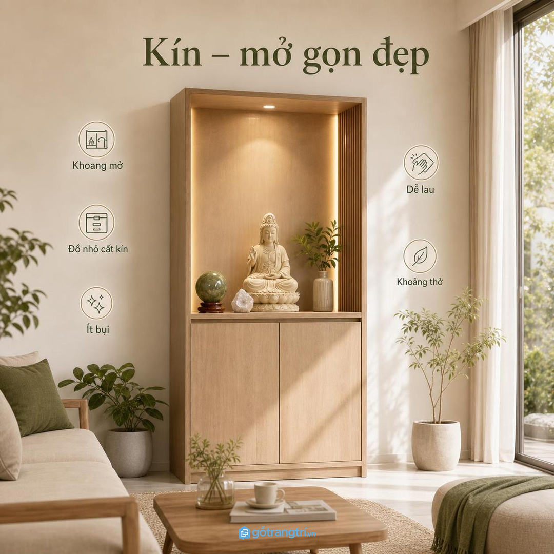 Khoang kín và mở giúp tủ tượng phong thủy ít bụi, dễ cất đồ nhỏ