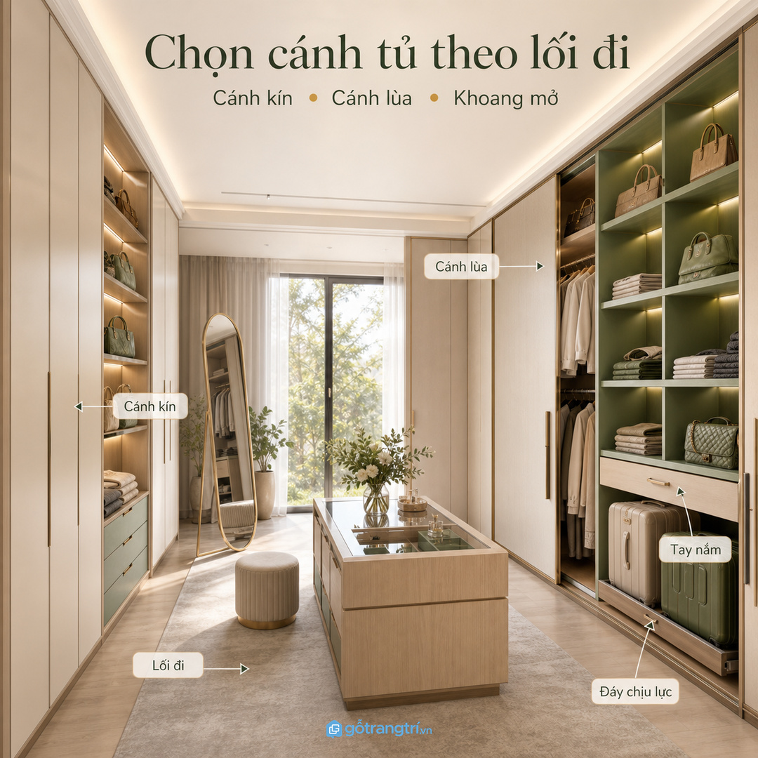 Chọn cánh tủ kín, cánh lùa hay khoang mở theo lối đi