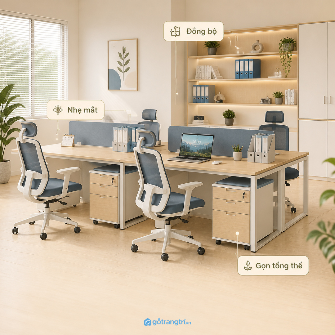 Tủ đồng bộ với bàn ghế giúp văn phòng nhỏ nhìn gọn tổng thể
