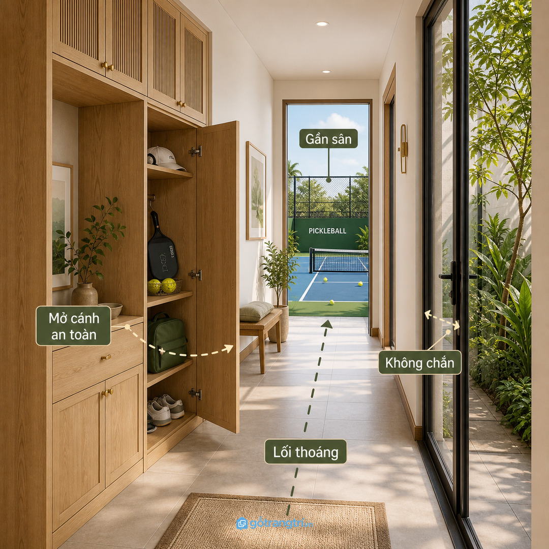 Bố trí tủ gần sân hoặc sảnh phụ để lấy đồ nhanh mà không cản lối đi