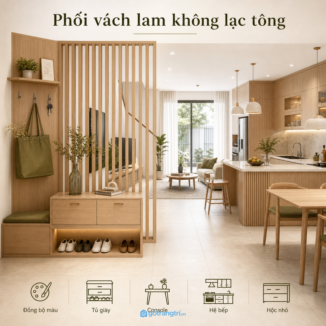 Phối vách lam với tủ giày console và hệ bếp