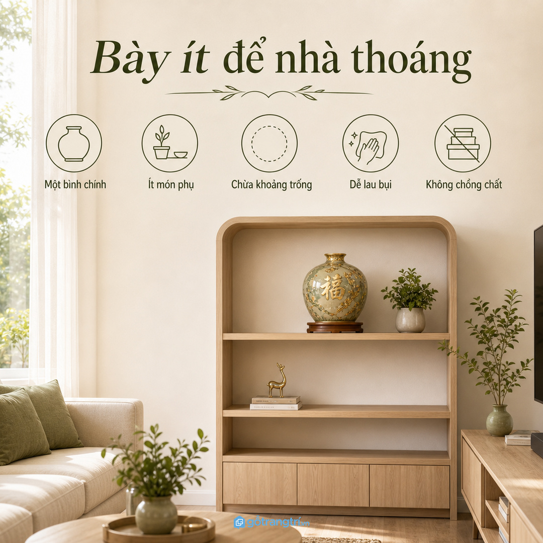 Căn hộ nhỏ nên dùng kệ nông sát tường và ít vật phẩm phụ