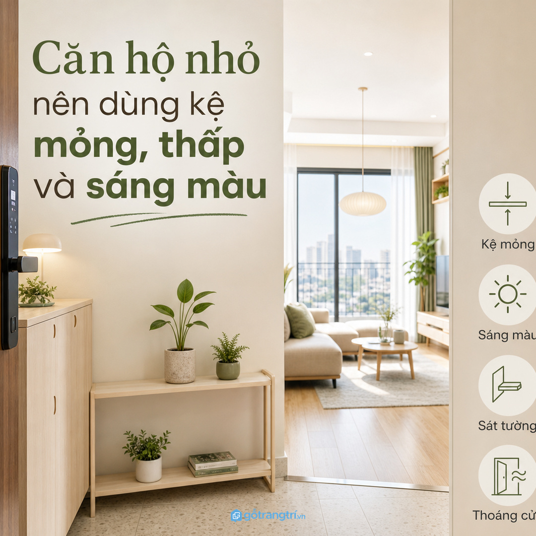 Căn hộ nhỏ nên dùng kệ mỏng, thấp và sáng màu